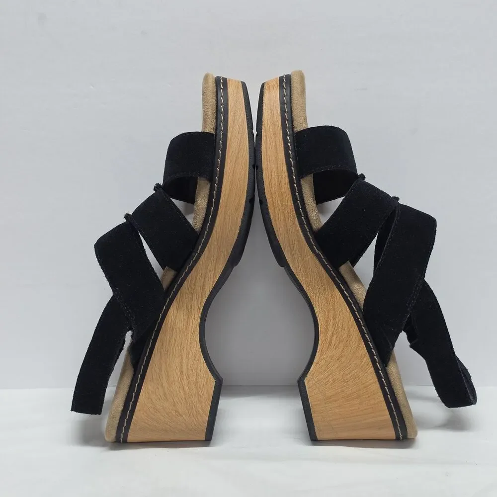 Clarks Seannah Glow Suede Wedge Sandal In Black Womens Sz 10 Wide Slingback